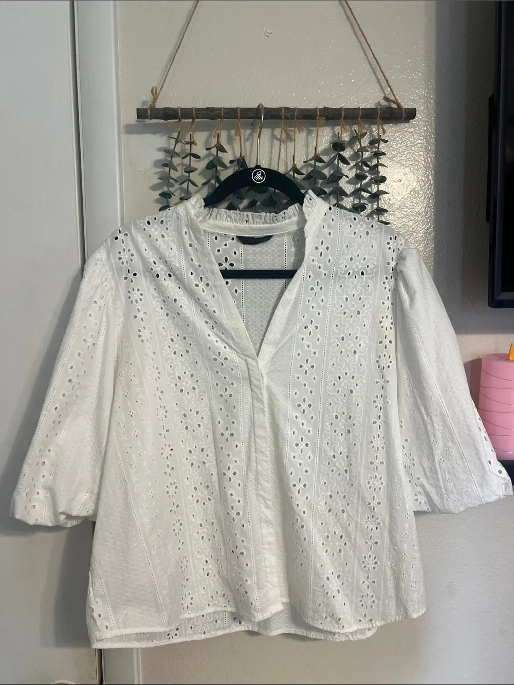 Zara Eyelet Button-Front Puff Sleeve Top